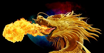 golden dragon head, breathing flame